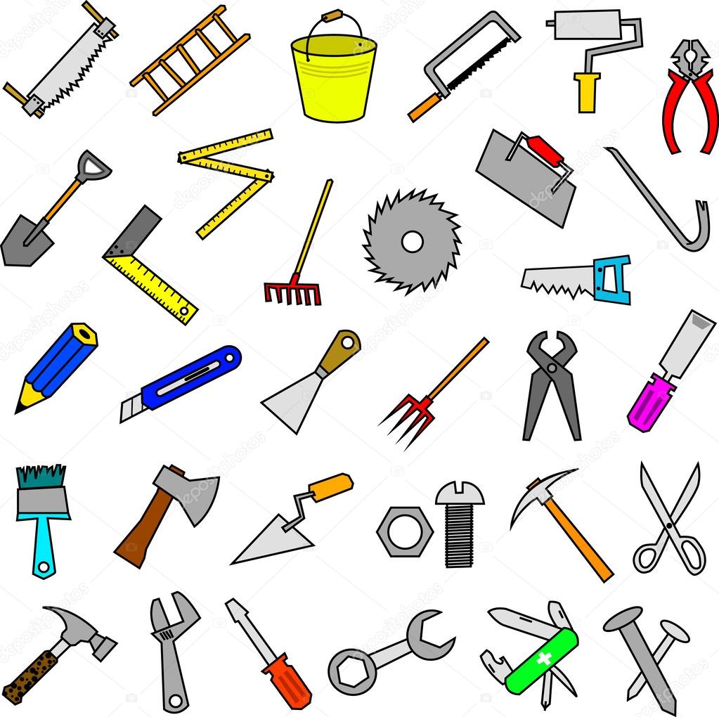 Set of construction tools design elements