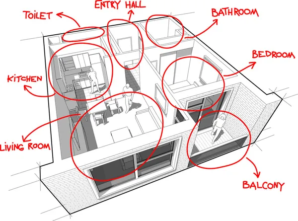 Wohnungsdiagramm mit handgezeichneten Notizen — Stockvektor