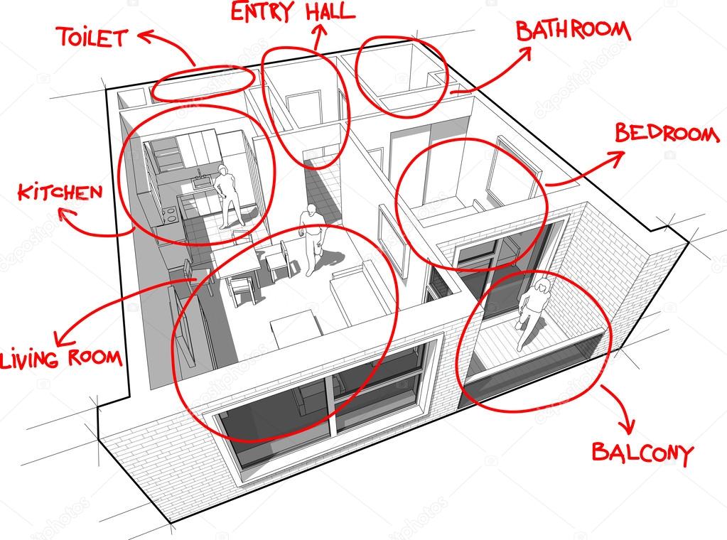 Apartment diagram with hand drawn notes