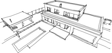 Düz çatılı, bahçe evli ve yüzme havuzlu modern bir evin el çizimleri.