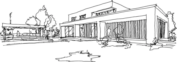 Ręcznie Rysowane Szkice Architektoniczne Nowoczesnego Domu Dwupiętrowego Płaskim Dachem Ludźmi — Wektor stockowy