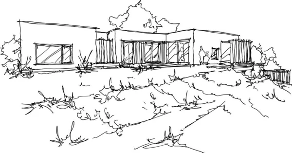 平屋根の現代的な一階建て戸建住宅や周りの人々の手描きの建築スケッチ — ストックベクタ