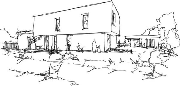 Ręcznie Rysowane Szkice Architektoniczne Nowoczesnego Domu Jednopiętrowego Płaskim Dachem Ludźmi — Wektor stockowy