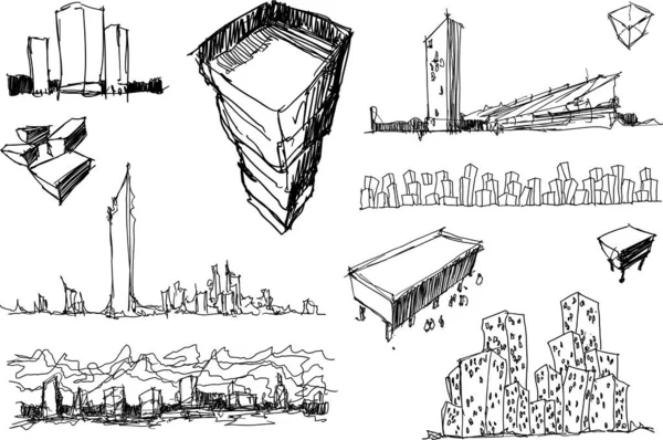 Många Handritade Arkitektoniska Skisser Modern Abstrakt Arkitektur Och Urbana Idéer — Stock vektor