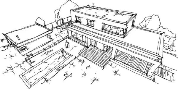 Handgezeichnete Architektonische Skizzen Eines Modernen Einstöckigen Einfamilienhauses Mit Flachdach Und lizenzfreie Stockillustrationen