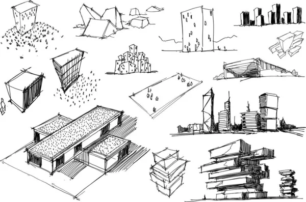 Veel Handgetekende Architectonische Schetsen Van Een Moderne Abstracte Architectuur Vrijstaande — Stockvector
