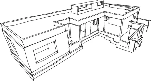 平屋根の現代的な一階建て戸建住宅の構造の手描きの建築スケッチ — ストックベクタ