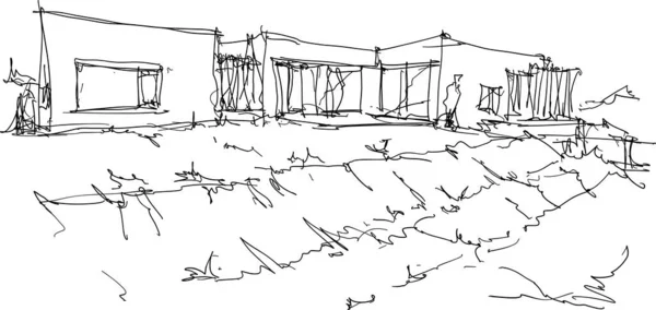 Ručně Kreslené Architektonické Skicy Moderního Jednopatrového Samostatně Stojící Dům Zahradou — Stockový vektor