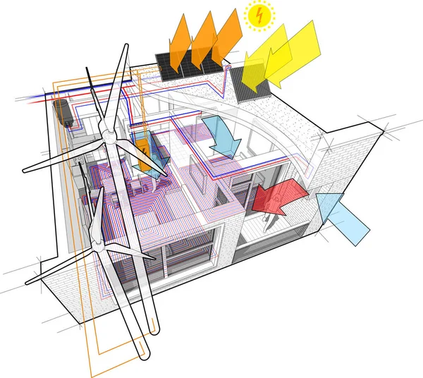 带有地面供暖并与风力涡轮机 光电和太阳能电池板及空调连接的公寓图 — 图库矢量图片