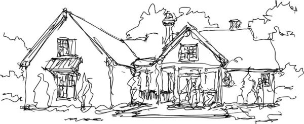 Hand Drawn Architectural Sketch Beautiful Old Classic Detached Village House — Vettoriale Stock