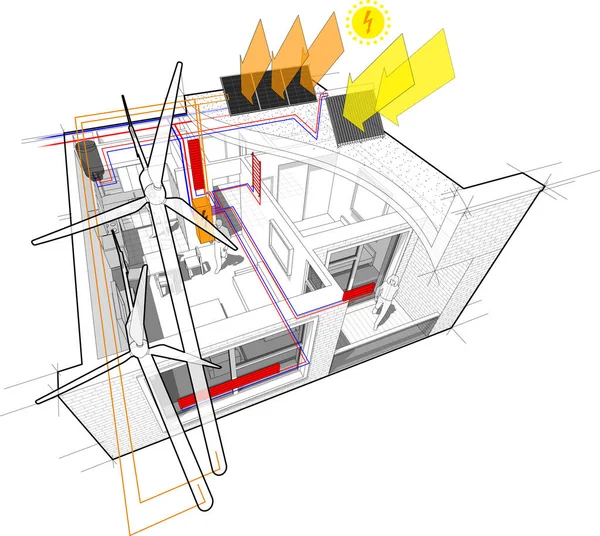 Діаграма Квартири Радіатором Опалення Підключенням Вітрових Турбін Фотоелектричних Сонячних Панелей — стоковий вектор