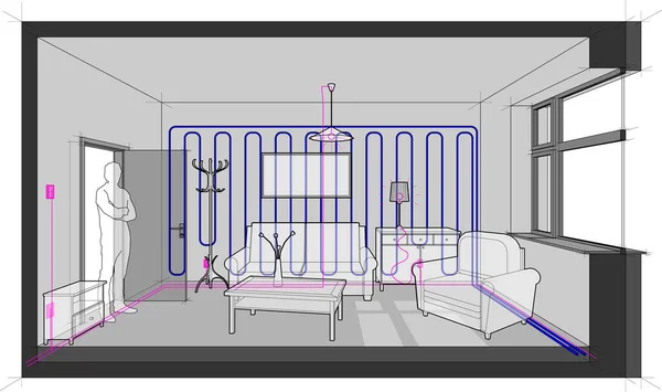 Diagrama Una Habitación Individual Amueblada Con Sofá Silla Mesa Armarios — Vector de stock