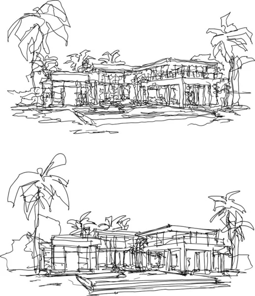 Две Рукописные Архитектурные Эскизы Красивого Роскошного Особняка Тропическом Курорте Бассейном — стоковый вектор