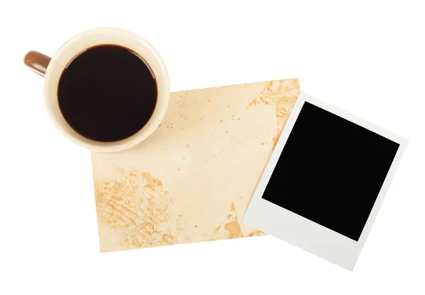 Old letter with cup of coffee and empty photo frame — Stock Photo, Image