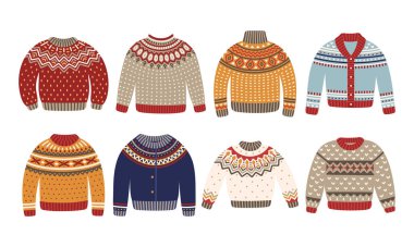 Christmas knitted sweaters set. Winter wool pullovers are decorated with ornaments. Vector Illustration clipart