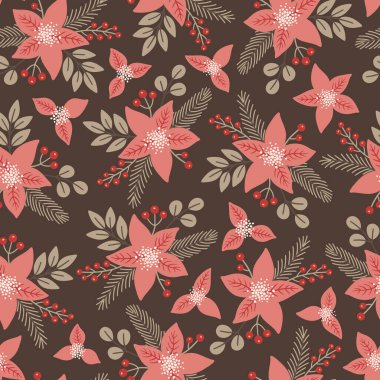 Noelde noktalı çiçekler, köknar ağacı dalları ve yapraklarla kusursuz desenler. El çizimi çiçek vektör çizimi