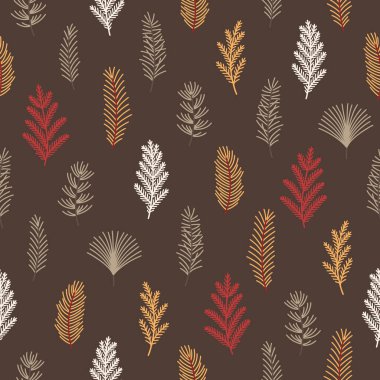 Çeşitli köknar dalları olan kusursuz bir Noel deseni. Kış dönemi. Vektör illüstrasyonu