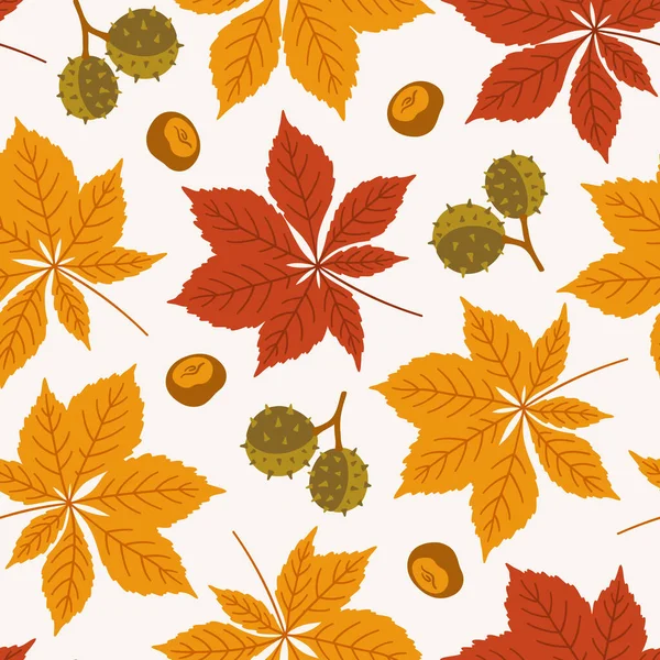 Autumn Seamless Pattern Horse Chestnut Leaves Seeds Vector Illustration White — Stock Vector