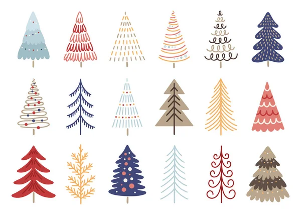 Kerstbomen Ingesteld Handgetekende Decoratie Elementen Traditioneel Symbool Van Wintervakantie Vectorillustratie — Stockvector