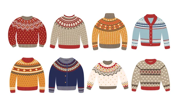 Ensemble Pulls Tricotés Noël Les Pulls Laine Hiver Sont Décorés — Image vectorielle