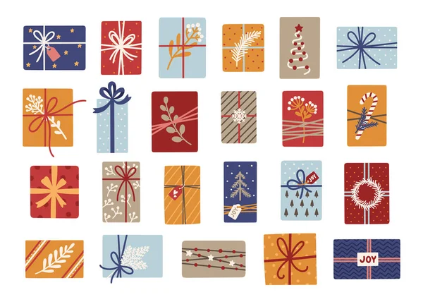 Set Regali Natale Tradizionale Simbolo Delle Feste Invernali Regali Babbo — Vettoriale Stock