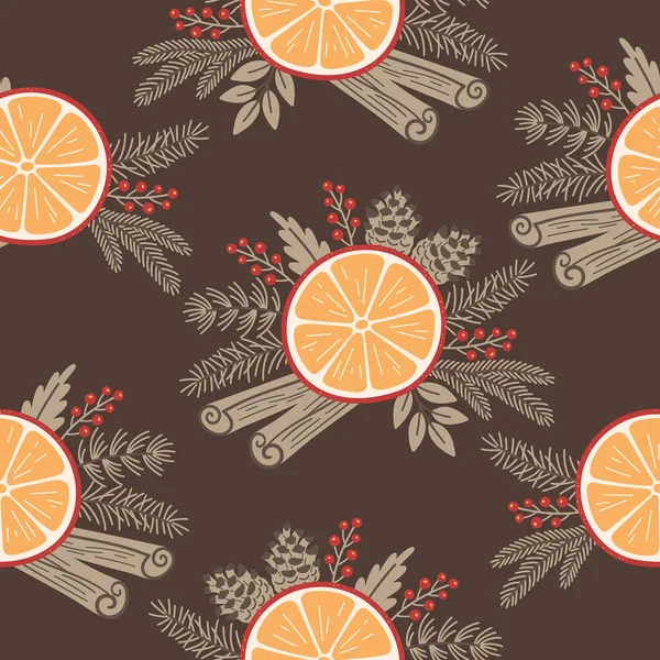 Christmas Seamless Pattern Orange Slices Cinnamon Berries Fir Branches Cones — Stock Vector