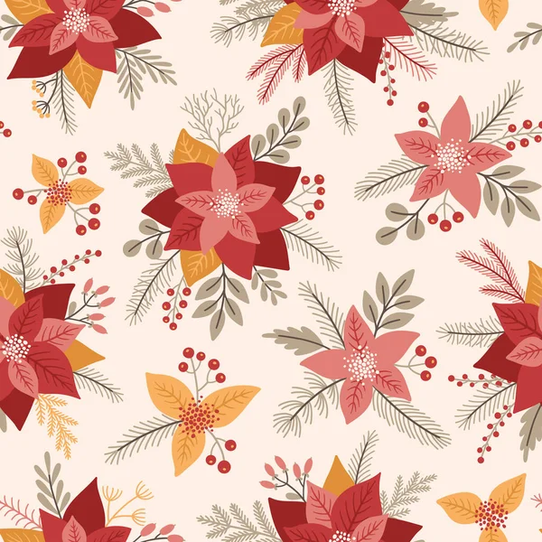 Modèle Sans Couture Noël Avec Des Fleurs Poinsettia Des Feuilles — Image vectorielle