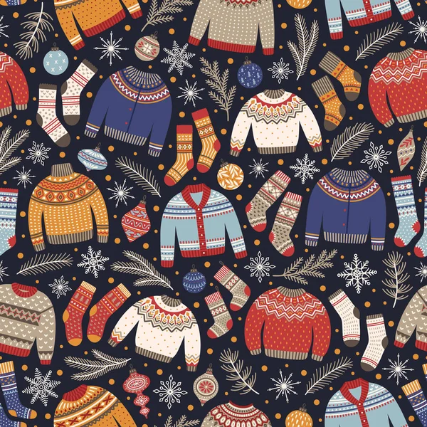 Winternahtlose Muster Mit Schneeflocken Tannenzweigen Spielzeug Strickpullovern Socken Weihnachten Hintergrund — Stockvektor