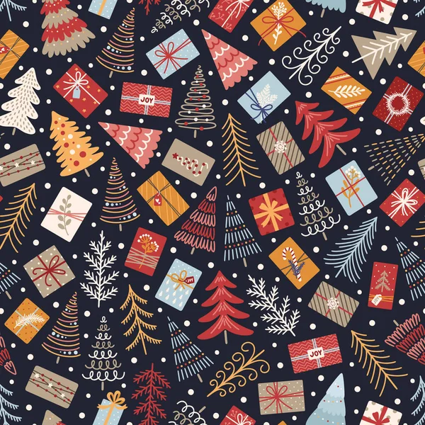 无缝隙的图案 圣诞树 礼物和雪 冬季节庆背景 带有传统假日标志 新年矢量图解 — 图库矢量图片
