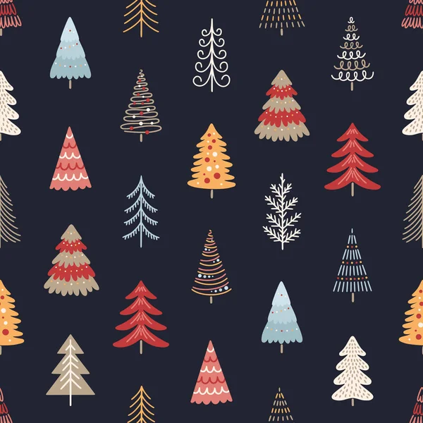 異なるクリスマスツリーとシームレスなパターン 伝統的なクリスマスと新年の背景 冬のベクターイラスト — ストックベクタ