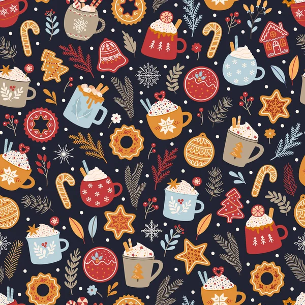 Patrón Sin Costuras Navidad Con Copas Lindas Pan Jengibre Ramas — Archivo Imágenes Vectoriales