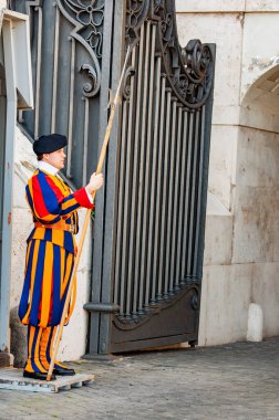 ROME, ITALY - 30 Mart 2014: Vatikan, İtalya 'da İsviçre Muhafızları Ayakkabı ve Çizgili Üniforma