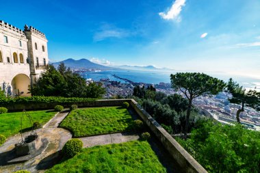 Scenic picture view of the city of Naples Napoli with famous Mount Vesuvius in the background from Certosa di San Martino monastery, Campania, Italy