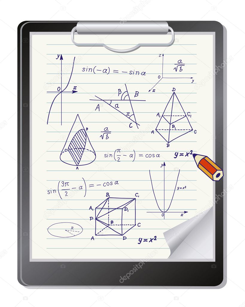 Clipboard with mathematics geometric shapes and expressions sketches