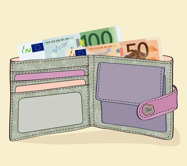 Πορτοφόλι με 50 και 100 ευρώ λογαριασμοί — Διανυσματικό Αρχείο