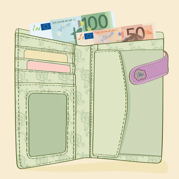 Wallet with 50 and 100 Euro bills — Stock Vector