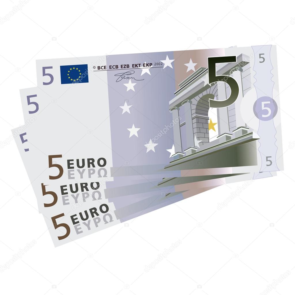 Vector drawing of a 3x 5 Euro bills (isolated)