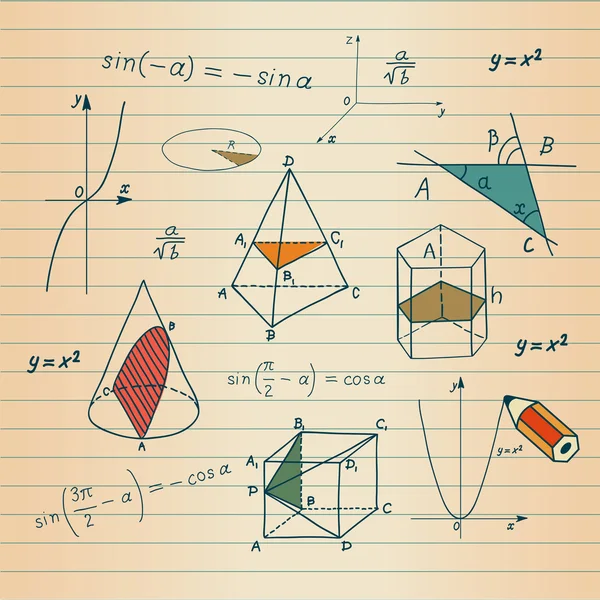 Matematik - geometriska former och uttryck skisser — Stock vektor