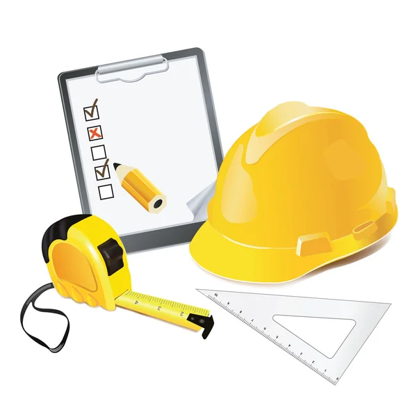 Construction Concept. Helmet, pencil and rulers. — Stock Vector
