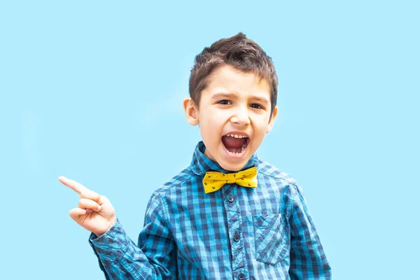 Cheerful Boy Shows Finger Gesture Portrait Boy Blue Background — Stock Photo, Image