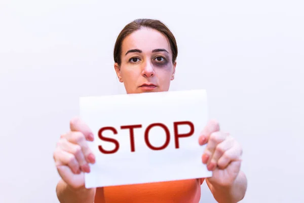 Beaten Humiliated Woman Holds Piece Paper Inscription Stop — Stock Photo, Image
