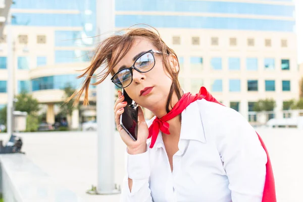 Tired Business Woman Superhero Cape Talking Phone — Foto de Stock