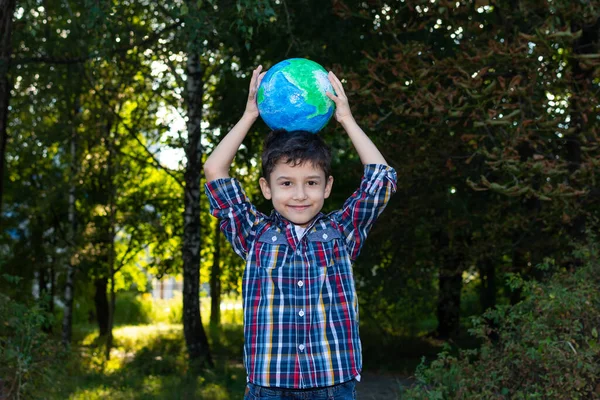 Happy Boy Holds Globe His Head — Stock Photo, Image