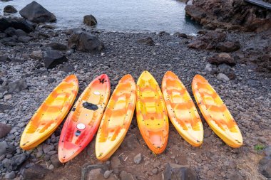 Madeira Adası 'ndaki kayaların arasından bir kaç renkli kano kalktı..