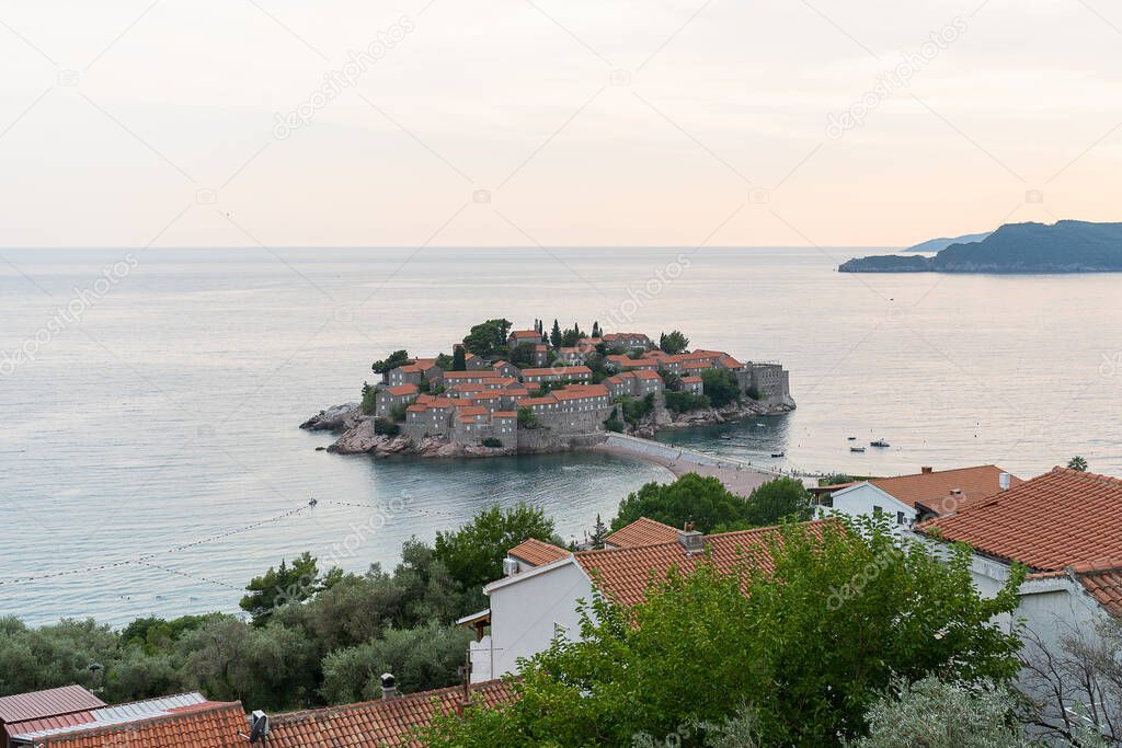 View of the island of St. Stephen, Sveti Stefan on the Budva Riviera, Budva, Montenegro