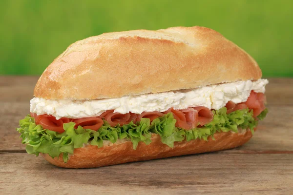 Sub sandwich with smoked salmon — Stock Photo, Image