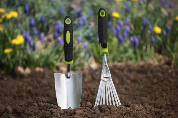 Spatola a mano e un rastrello nel terreno del giardino — Foto Stock