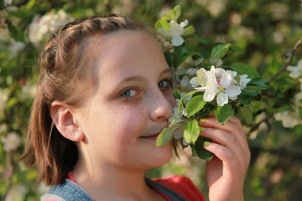 Девушка, нюхающая цветы яблони — стоковое фото