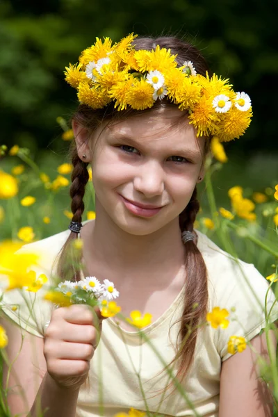 Девушка с цветами в волосах на лугу — стоковое фото