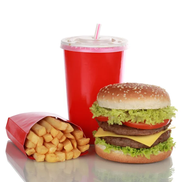 Refeição Cheeseburger duplo com batatas fritas e cola, isolado — Fotografia de Stock